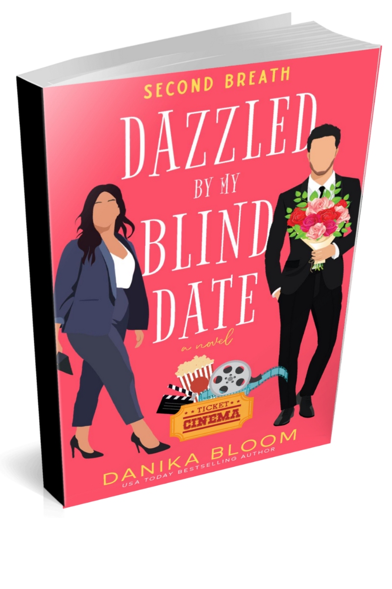 Second Breath: Dazzled by my Blind Date by Danika Bloom. Special paperback edition ❤︎ Danika Bloom | USA Today Bestselling Romance Author | Rom-Coms & Contemporary Illustrated book cover with a curvy woman in business attire and a man in a suit holding a bouquet of flowers