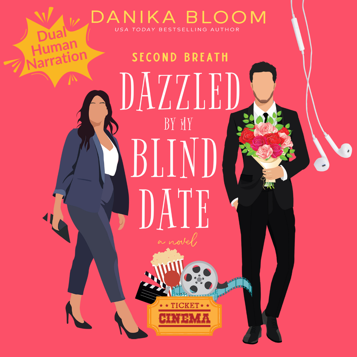 Audio cover Second Breath: Dazzled by my Blind Date by Danika Bloom ❤︎ Danika Bloom | USA Today Bestselling Romance Author | Rom-Coms & Contemporary Illustrated cover with a professional looking curvy woman and a man in a suit holding flowers