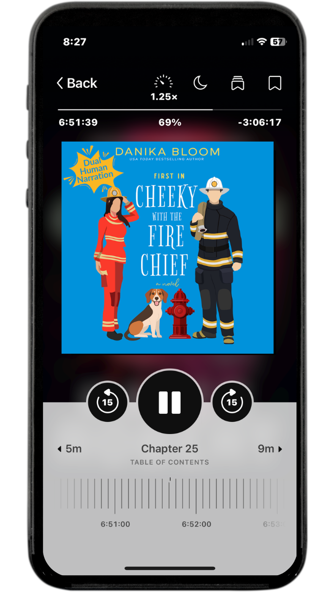 Illustrated male and female fire fighters on an iphone audiobook player