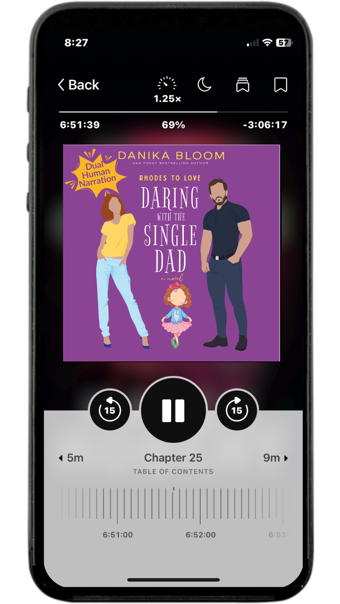 Illustrated image of an iphone with audiobook playback and book cover of a casual redhead woman, a muscular man, and a little girl in a tutu